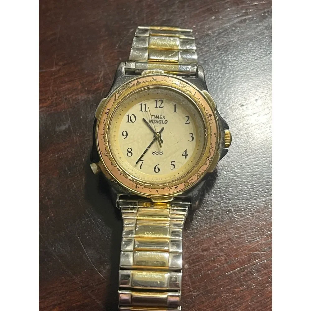 Timex‎ Two-Tone Classic Analog Watch with Gold Bezel and Expandable Band @J